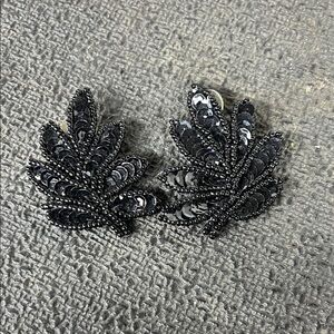 Elegant Black Beaded Leaf Earrings